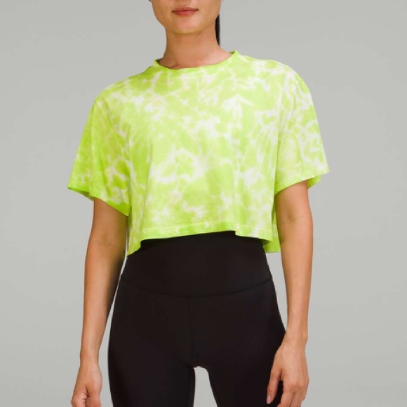 Lululemon  Marmoleado Tie Dye Eccentric Lime All Yours Cropped Cotton T-Shirt - Picture 1 of 6